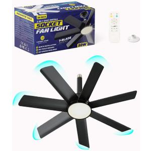 NWOP 28 Inch Socket Fan Light with Remote Control, Screw in E26/E27 Ceiling Fan with LED Light, 3000-6000K Adjustable Color Temp, 6 Speeds, Timer, for Bedroom Kitchen Living Room Garage, Black