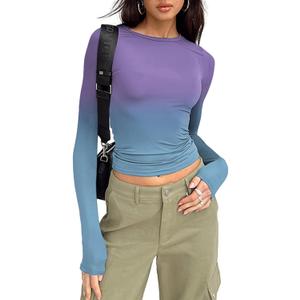 Hafailia Long Sleeve Shirts for Women - Casual Y2K Basic Tops Crewneck Slim Fit Tshirt Tees Purple Gray XS (Purple, XS)