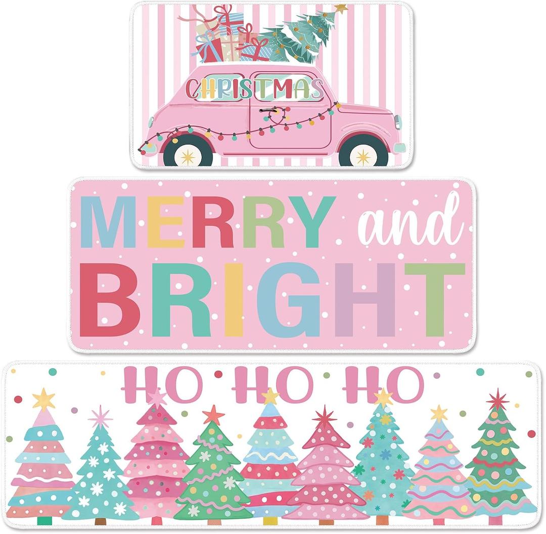 Layhit 3 Pcs Pink Christmas Kitchen Rugs and Mats Set Pastel Merry & Bright Xmas Kitchen Rugs Christmas Trees Truck Striped Holiday Pink Decor for Xmas Party 20'' x 59'', 20'' x 47'', 20'' x 32''