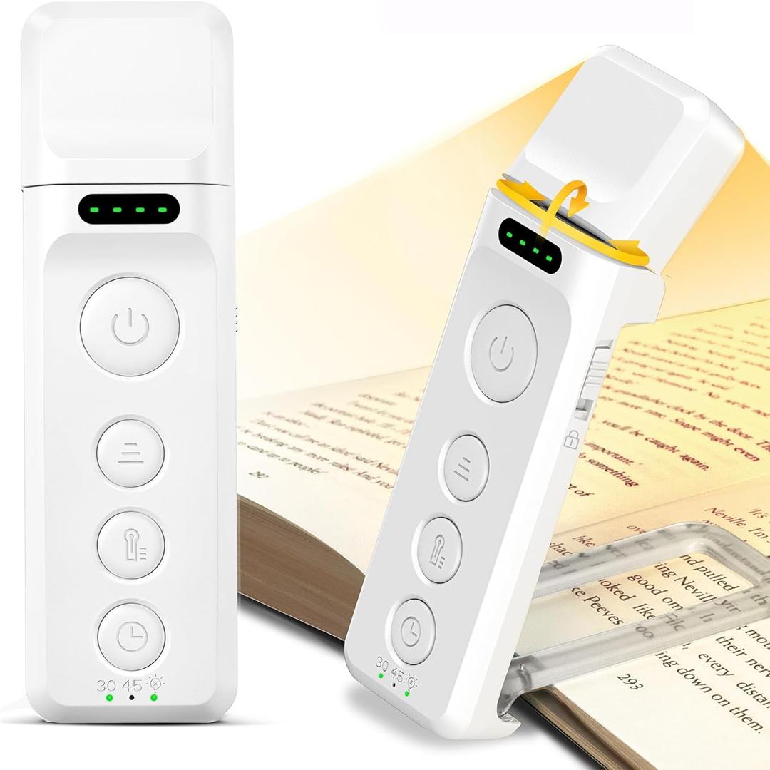 Glocusent Book Lights for Reading at Night, Rechargeable Book Light Clip on - 3 Colors & 5 Brightness, Reading Lights for Books in Bed with Sleep Aid & Timer, Travel Lock, Perfect for Bookworms, Kids (White)