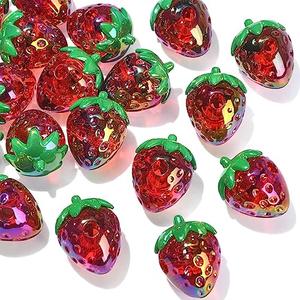 KitBeads 11pcs 20mm Acrylic Strawberry Beads Transparent Kawaii Food Iridescen Fruit Bead for Jewelry Making Bulk