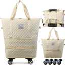 Expandable Foldable Wheeled Travel Duffle Bag - Detachable Rolling Wheels Carry On Gift (White)