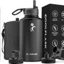 64 oz Water Bottle Insulated with Straw & 3 Lids, Coolflask Large Metal Stainless Steel Water Jug Big Half Gallon Wide Mouth for Sports, Gym or Office, Non-BPA Keep Cold 48H Hot 24H, Magic Black