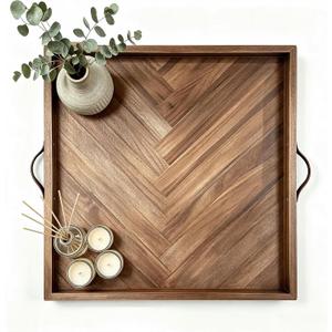 24.5x24.5 Inch Large Square Wooden Ottoman Tray, Handcrafted Herringbone Serving Tray with Leather Handles, Rustic Raised Edge Decorative Storage Tray for Coffee Table, Living Room Bedroom Home Decor