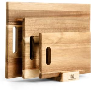 Acacia Cutting Board Set of 3 with Holder, Solid Acacia Wood Chopping Boards, Thick Kitchen Cutting Boards, Serving Boards for Meat, Vegetables and Fruits