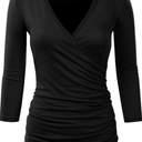 DOUBLJU 3/4 Sleeve Satin Ruched Hem Tank Tops Deep V Neck Tops Casual Basic Wrap Style T Shirts for Womens with Plus Size L