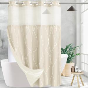 Beige White Striped Fabric Shower Curtain with Snap in Liner for Bathroom Bathtubs,Hotel Shower Curtain and Liner Set with See Through Mesh Top Window,Machine Washable (54"W x 74"L (Pack of 1))