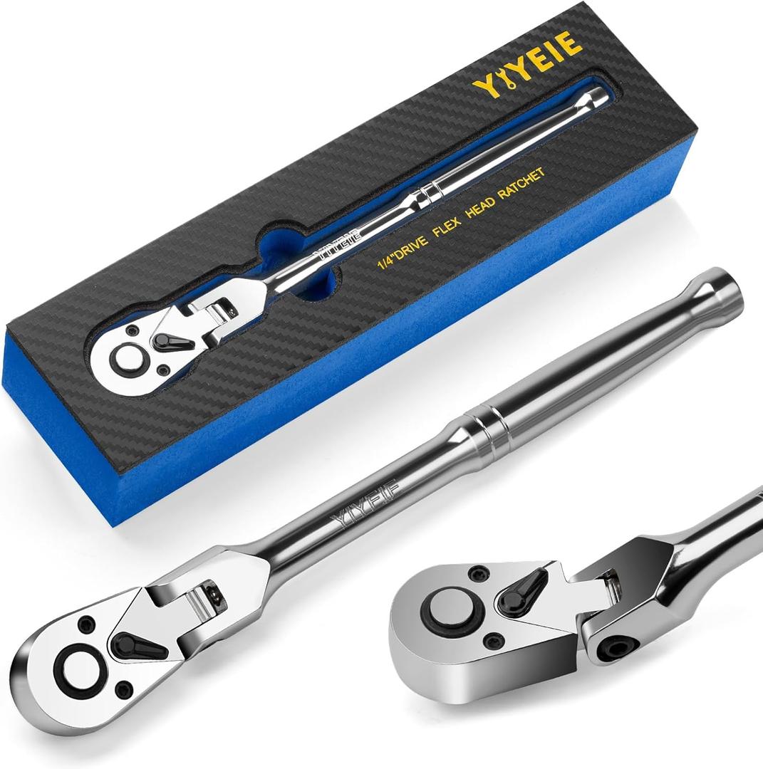 1/4" Drive Flex Head Ratchet, 72 Tooth Swivel Ratchet, Quick-Release, Full-Polished Chrome Plating, for Auto Mechanic & DIYer with EVA Foam | 7 Inch Long