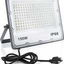 150W LED Flood Lights Plug in, Outdoor Security Lights Fixtures 6500K 15000LM Illumination, IP66 Waterproof White Lighting for Ball Ground, Parking Lot, Pathway, Yard (1 Pack)