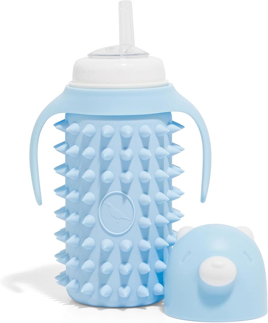 Tabor Place Glass Sippy Cup for toddlers/The Spikey Bear / 8oz / Strong glass/Protectitive silicone sleeve/Leakproof straw (Large)