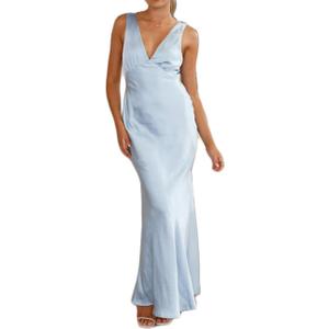 Gmeitoey Summer Satin Formal V Neck Backless Sleeveless Maxi Dress for Women 2026 Elegant Cocktail Wedding Guest Long Dresses (Size: XL) (Color: Light Blue)