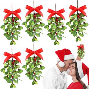 6 Pieces Artificial Mistletoe Picks Christmas Mistletoe Ornament with Red Bow Holiday Mistletoe Branches with Red Berries Xmas Tree Hanging Kissing Mistletoe Ornament for Couple Home Party Decor