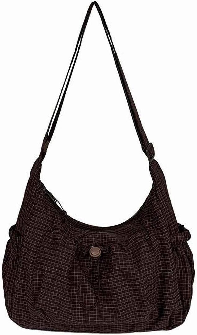 Plaid Crossbody Bags, Slouchy Hobo Crossbody Bag, Cute Messenger Bag, Nylon Crescent Crossbody Purse, Trendy Everyday Purse (Brown)