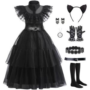 Black Costume Dress Kids Girls Black Cosplay Halloween Party Dress Up Gothic Costume with Accessories
