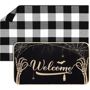 Dunzy 2 Pcs Halloween Doormat Outdoor Spooky Skull Welcome Mat 17"x30" & Black White Plaid Entrance Rug 28"x43" for Front Door Porch Non Slip Floor Mat Layered for Indoor Outside Entryway Decor