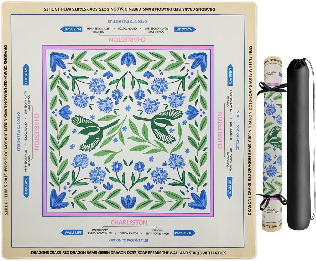 Mahjong Mat for Table, Non-Slip & Quiet Table Cover for American Mahjong, Poker, Card, Board & Tile Games,Includes Portable Tote Bag (31.5x31.5 Inch Flowers Birds)