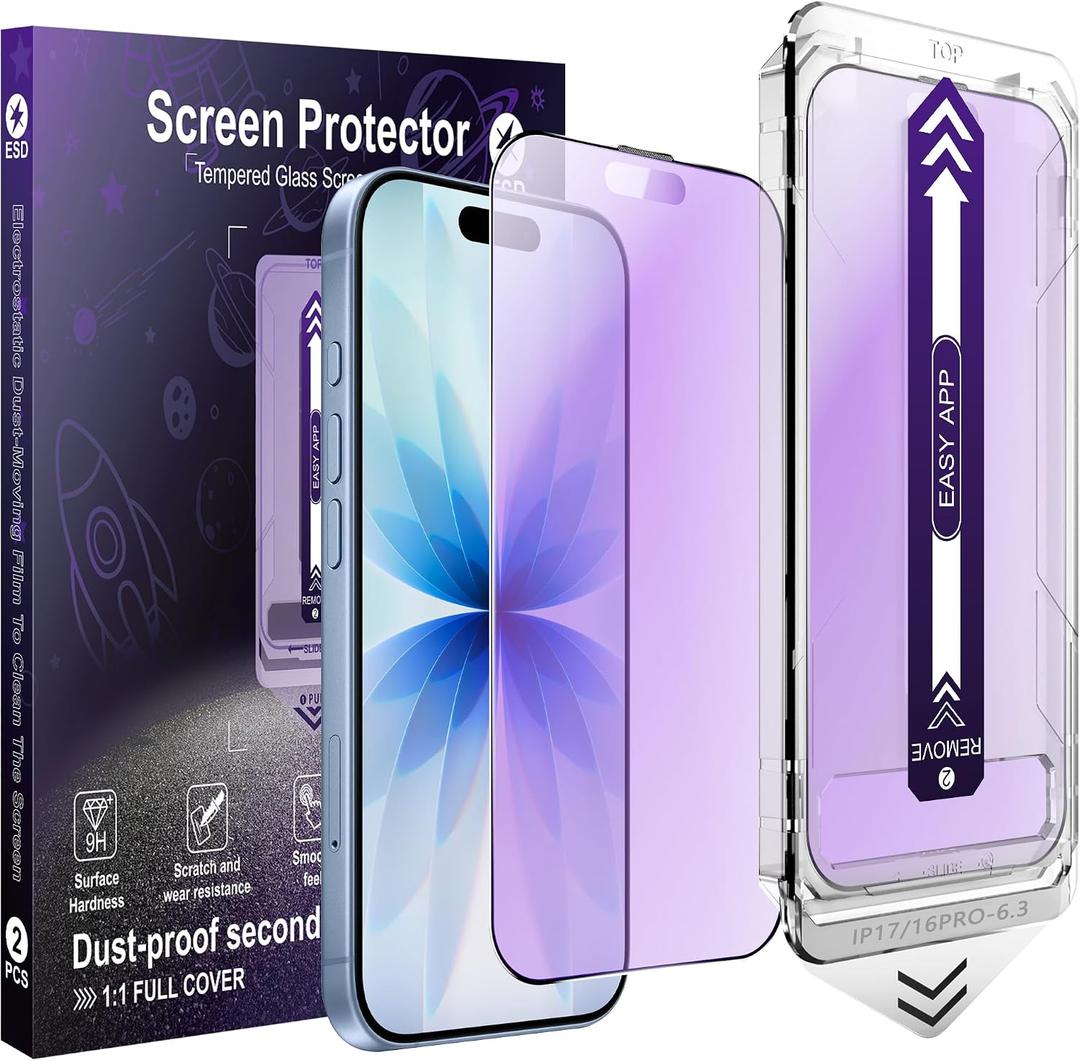 [2-Pack Matte Anti Blue Light Screen Protector for iPhone 16 Pro / 17,[Easy to Install], Anti-Glare, Anti-Fingerprint,9H Tempered Glass, Shatterproof & Scratch Resistant