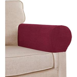 Stretch Sofa Armrest Covers Spandex Jacquard Arm Covers for Chairs and Sofas Anti-Slip Couch Armrest Covers with Sticker Furniture Armrest Protector for Sofa Couch Chair Recliner, Pack of 2, Burgundy Red