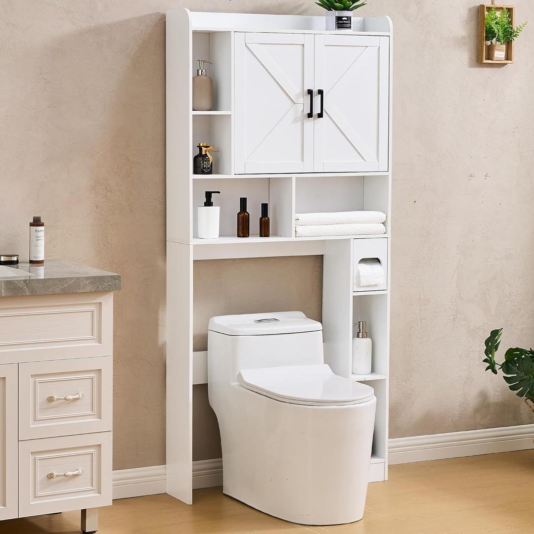 Over The Toilet Storage Cabinet, 32 Inches Width Farmhouse Storage Cabinet Over Toilet with 2 Barn Door, Toilet Paper Holder Stand, Toilet Rack for Bathroom, Laundry, Restroom, White