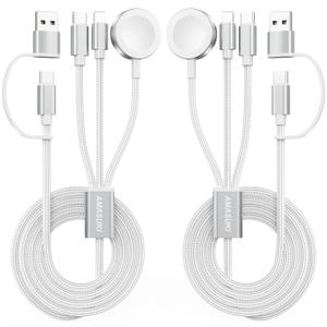2Pack White-Upgraded 3 in 2 USB C Cable for Watch Charger Phone Charger USB C Multi Fast Charging Cable Compatible with Watch Ultra/SE/10/9/8/7/6/5/4/3/2/1 & Phone 16/15/14/Galaxy S23-4FT