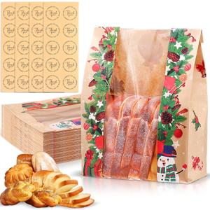 50 Pcs Christmas Kraft Paper Bread Bags with Clear Window and 50 Stickers 13.7 x 8.2 x 3.5 Large Christmas Sourdough Bags for Homemade Bread Storage Sourdough & Snacks
