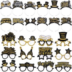 48 Pcs Happy New Year Party Favor 2026 Eyeglasses Headband Tiara Black Gold New Year Eve Party Supplies Decoration(Classic Style)