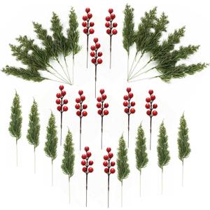 Youshe 20 Pcs Christmas Artificial Pine Branches with 10 Pcs Red Berry Stems, 10" Faux Green Cedar Sprigs Branches, Greenery Pine Needles DIY Cedar Picks for Christmas Garland Wreath Decoration