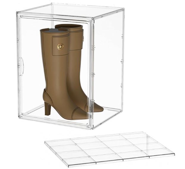 Attelite XXXLarge Clear Display Case Stackable Plastic Storage Bins with Lid, 2 Tiers Boot Shoe Box Organizers with an Adjustable Divider, Big Acrylic Display Storage Box with Magnetic Door