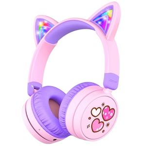 iClever Kids Bluetooth Headphones, Light Up Cat Ear,60H Playtime, USB C Fast Charging, Safe Volume 74/85dBA, Bluetooth 5.3,Toddler Headphones Wireless for iPad Tablets Travel,Meow Cookies-Purple