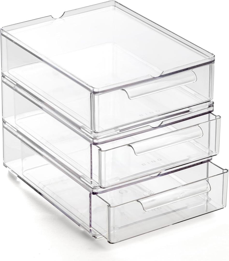 BINO | Clear Stackable Storage Drawers, Small - 3 Pack | Clear Storage Drawers with Built-In Handles | Durable Plastic Organizer Drawer | Modular Stackable Drawer Acrylic Organizer