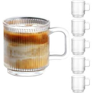 6 PACK Premium Glass Coffee Mugs with Handle, 12 OZ Classic Vertical Stripes Glass Coffee Cups, Transparent Tea Cup for Hot/Cold Beverages, Glassware Set for Americano, Latte, Cappuccino