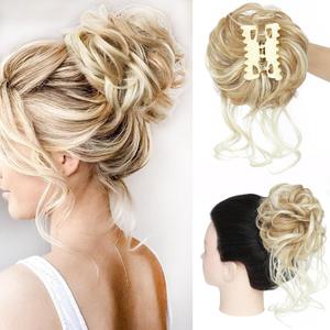 Messy Bun Hair Piece Claw Clip Synthetic Chignon Tousled Updo with Tendrils Hair Extensions Hair Bun Curly Wavy Faux Hair Bun Hair Scrunchies for WomenBlonde Mixed