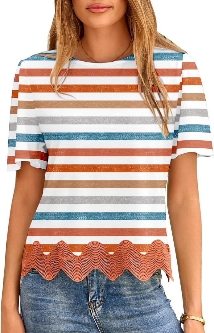LOLONG Womens Short Sleeve Printed Tops Summer 2026 Crew Neck Color Block Casual Blouses (XXL)