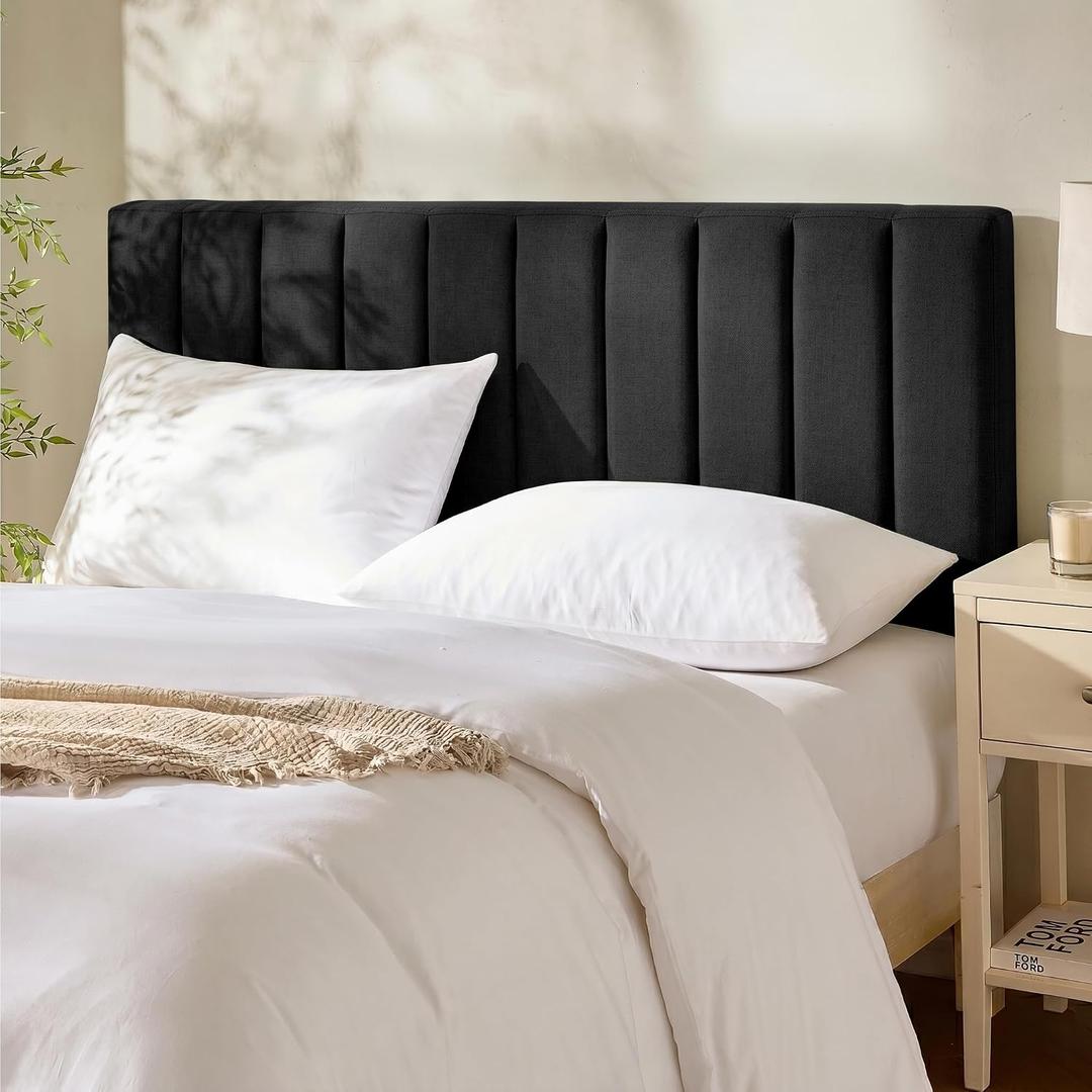 Hearth & Harbor Upholstered King Headboard - Easy Assemble Channel Stitched Headboard King Size Bed - Wall Mounted Headboards with 3D Soundproof Wall Panels Peel & Stick Floating Headboards, Black