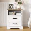 ChooChoo Farmhouse Night Stands with Charging Station, Wood Nightstand Set of 2 with 2 Drawers, Bedside Table with Open Storage Shelf for Bedroom, White, 19.7 inches x 15.7 inches x 23.6 inches