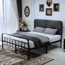 14Inch Metal Bed Frame,Queen Size Bed Frame with Upholstered Headboard,Heavy Duty Sturdy Mattress Foundation,Easy Assembly,No Box Spring Needed,Grey-Queen