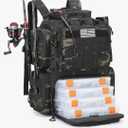 Tactical Fishing Tackle Backpack with Tackle Boxes, Rod Holders, Bottle Holder, 50 L Large Insulated Fishing Backpack Tackle Box with Cooler, Fishing Bag Store Gear & Equipment, Black CM