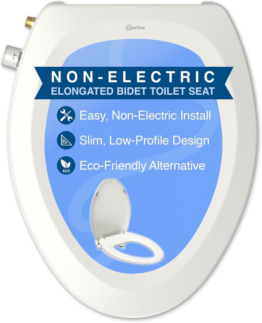 CLEAR REAR Elongated Bidet Toilet Seat  Non Electric Attachment for Toilets, Easy to Install Self Cleaning, Rear & Feminine Wash Nozzles, Adjustable Water Sprayer, Eco Friendly Hygienic Upgrade