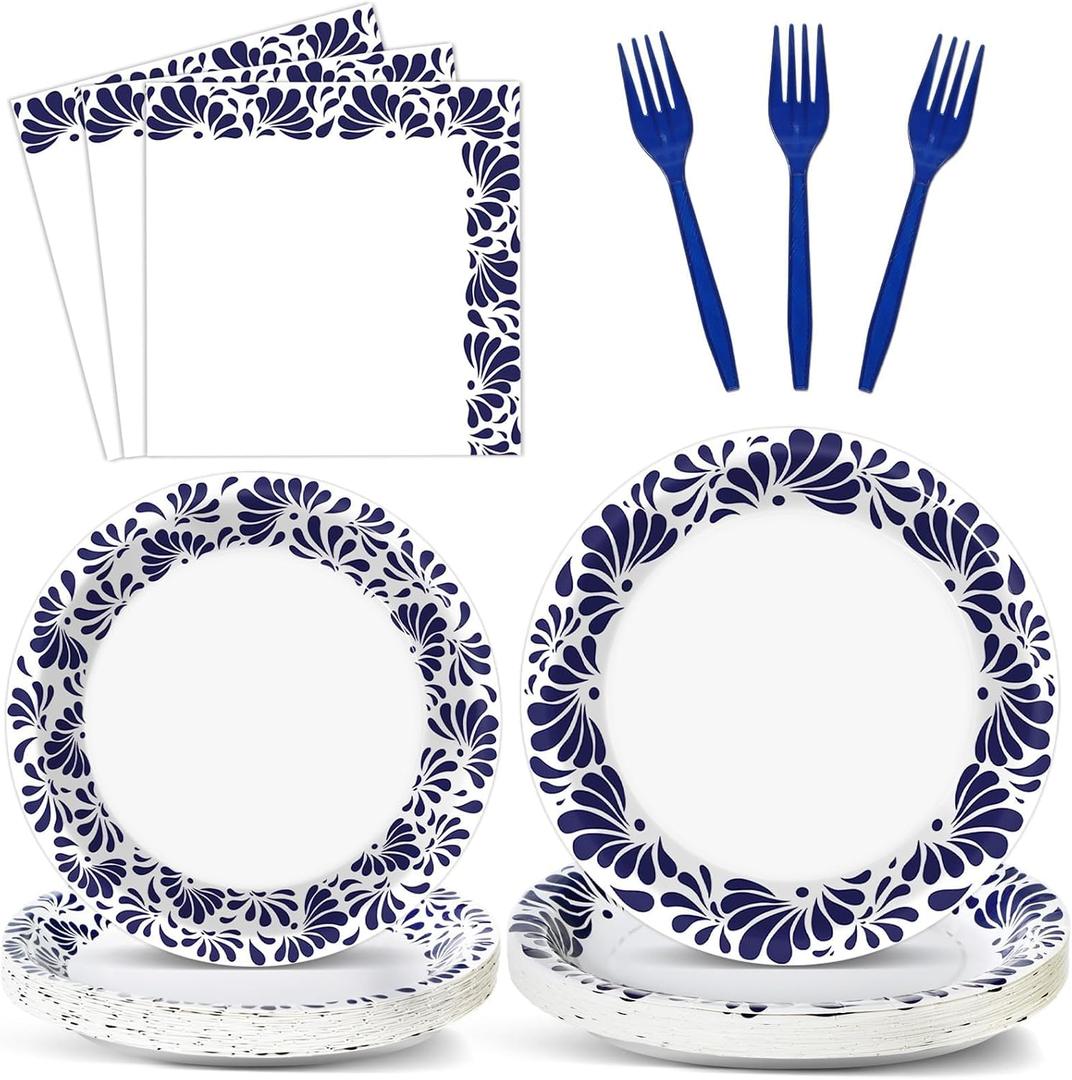 96 Pcs De Barro Mexican Talavera Paper Plates and Napkins Party Supplies White Blue Floral Clay Disposable Tableware Set Talavera Party Decorations for Fiesta Wedding Baby Shower Favors for Serves 24