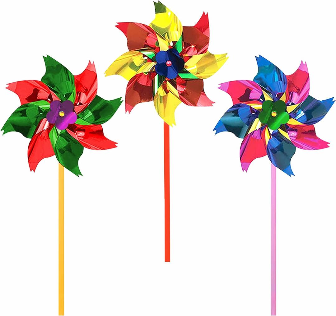 6" Pinwheels for Kids, Fun Toys for Backyard Games and Family Games - 24 Pieces, Metallic Color Assortment, 6" Wind Spinner Diameter, 12" Spinner Stick, Party Favors, Piata Stuffer