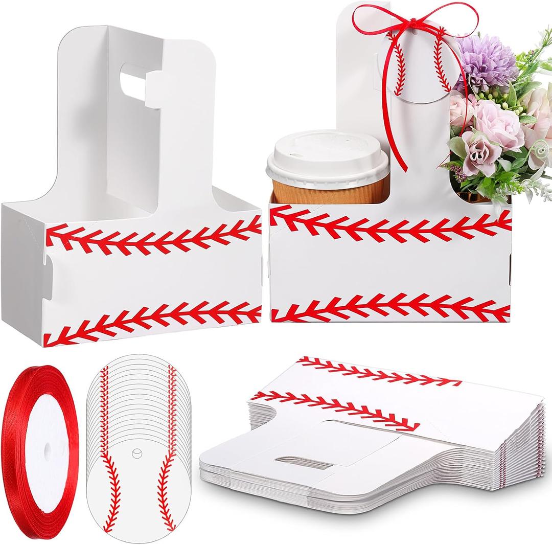 Dunzoom 24 Set Baseball Sport Coffee Cup Holder Bulk 2/4 Drink Carrier with Handles with Card and Ribbon Paperboard Coach Appreciation Gifts for Sport Birthday Team Party Favors Supplies(Baseball)