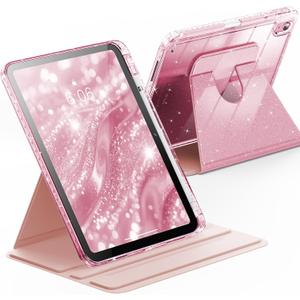 INFILAND Case for iPad A16 11-inch 11th Generation, iPad 10th Generation Case 10.9 Inch for Kids, Girls, 360 Rotating Cute Glitter Cover with Crystal Clear Back, Pencil Holder (Pink)