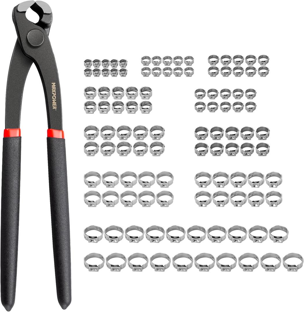 MAXPOWER 100pcs Single Ear Hose Clamps with 9" Ear Clamps Plier, 10 Sizes Crimp Clamps, 304 Stainless Steel Ear Hose Clamp for Securing Pipe Hoses