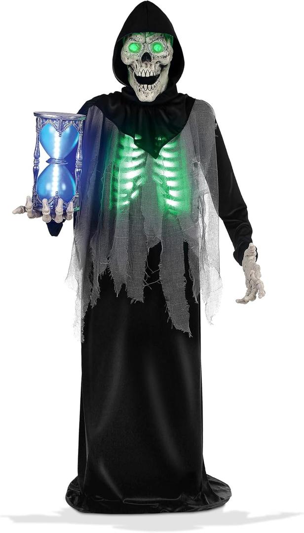 BOO BOX 6.5ft Halloween Animatronic Grim Reaper, Mr. Grim Outdoor Halloween Decoration Standing Poseable Figure with Rotating Head, Light-up, Sound and Motion Activated