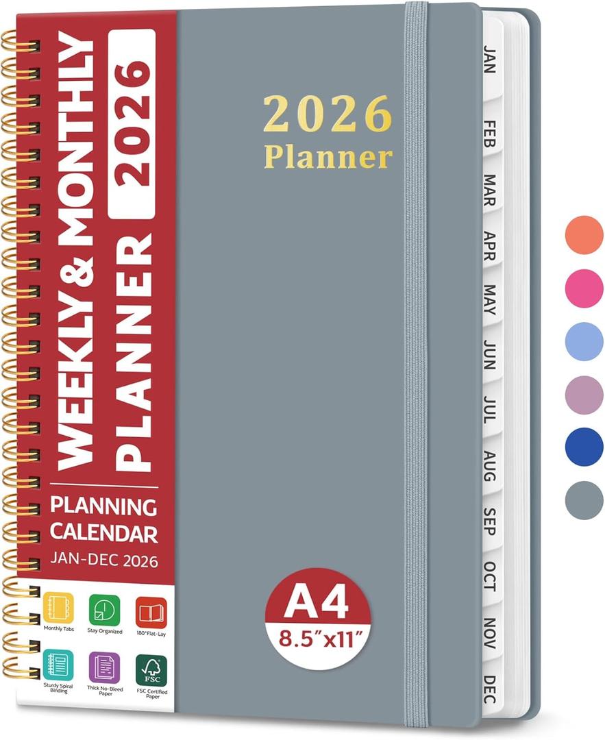 2026 Planner, Weekly and Monthly Calendar Planner, January 2026 - December 2026, Hardcover 2026 Calendar Book with Tabs For Women & Men, Inner Pocket, Spiral Bound, Perfect for Office Home School Supplies - A4 (8.5" x 11"), Stone Gray