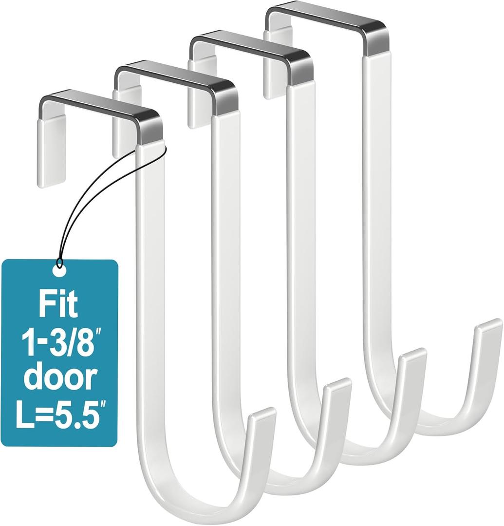 Over the Door Hooks 4Pcs L=5.5" Fit 1 3/8" Door Steel with White Rubber Coating Hanging Towel Robe Clothing Hanger for Bathroom Room Wreath Ironing Board Holder Cute Thin Single Heavy Duty
