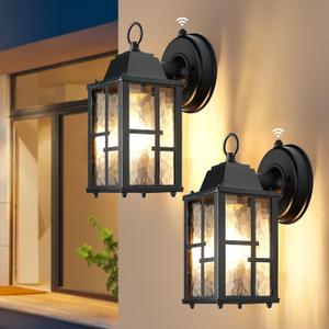 OKELI Dusk to Dawn Outdoor Wall Lights, Exterior Waterproof Lantern, Front Porch Sconce Lighting with Water Ripple Glass Shade, Anti-Rust Wall Lamps Outside Lights for Garage (Black-SIZE-S-2pack) (9.3")