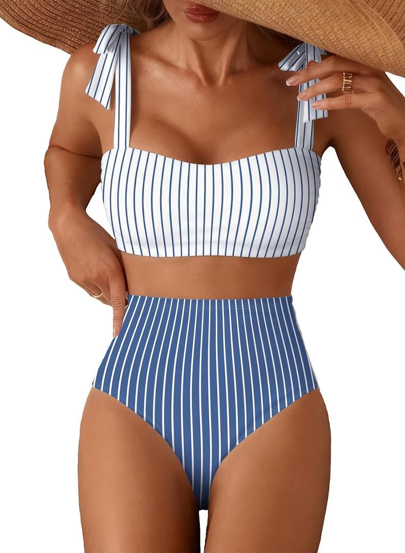 Herseas Women's Tie Shoulder Bikini Sets 2 Piece Striped Swimsuits High Waisted Bathing Suits (XS)
