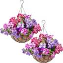 Thiccywoov 2 Pack Artificial Hanging Flowers in Basket for Spring Summer Outdoor Decor Fake Hanging Plant Faux Petunias Flower with 12 inch Coconut Lining Basket for Patio Garden Porch Home(Colorful)