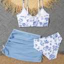 COZYEASE Girls' 3 Piece Set Floral Bikini Swimsuit with Beach Skirt (Blue, M)